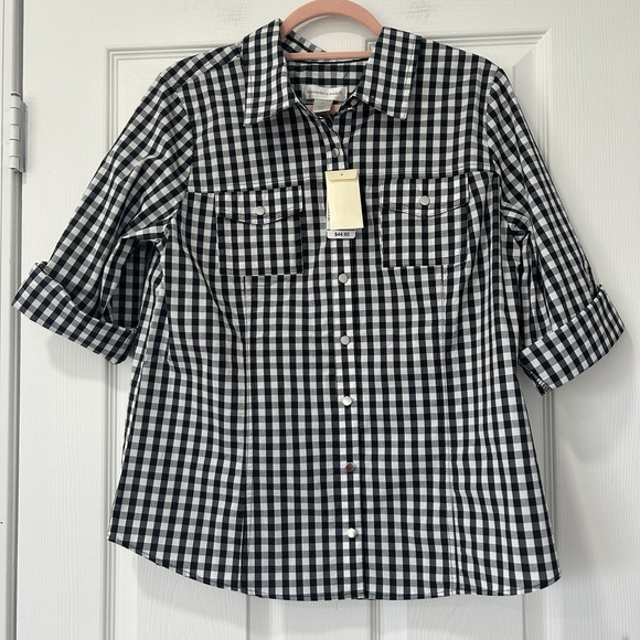 Christopher & Banks Tops - Christopher &‎ Banks Shirt Women's Large Black Plaid Button Up Short Sleeve NWT